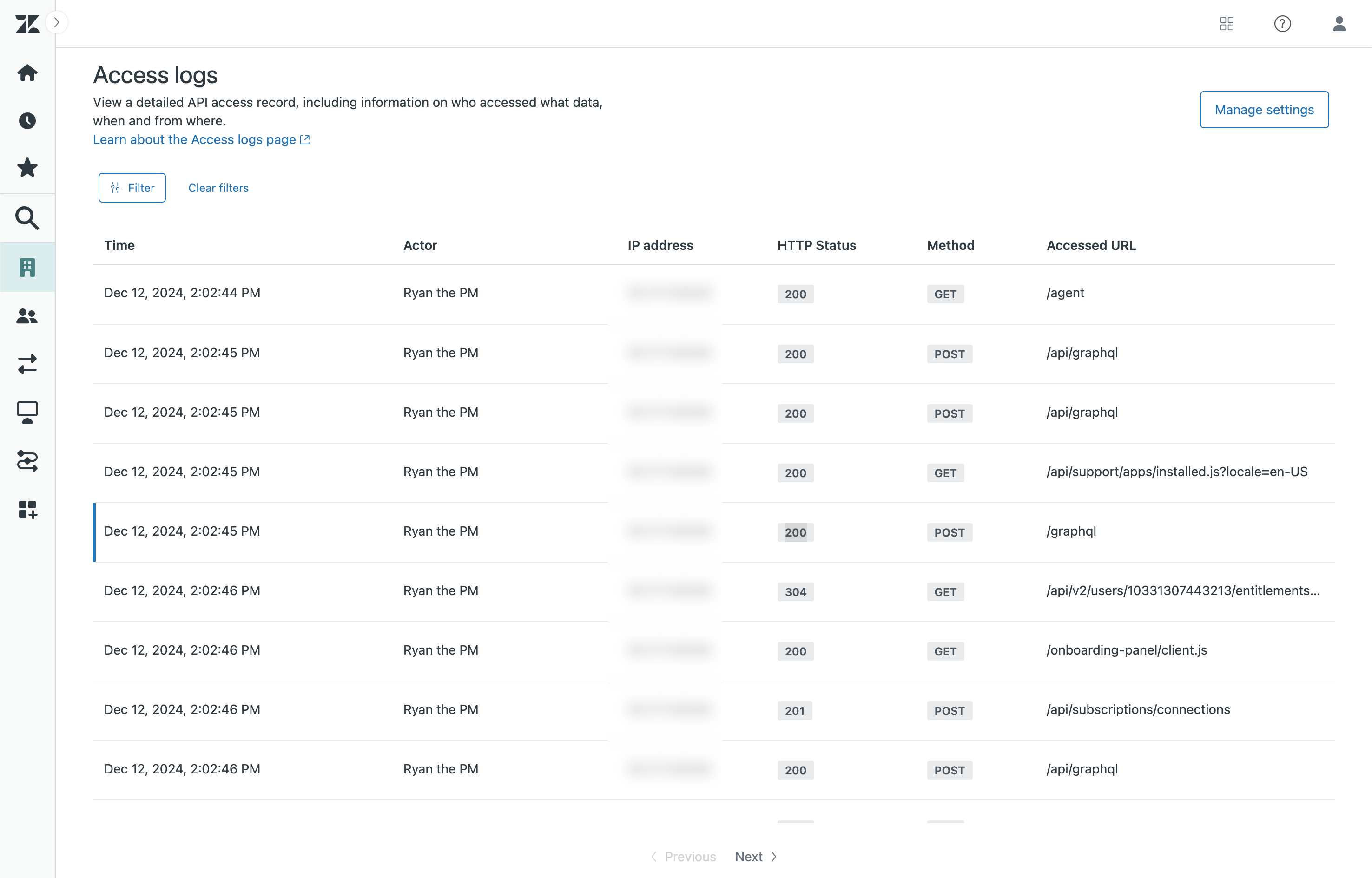 Access log in Zendesk Admin Center